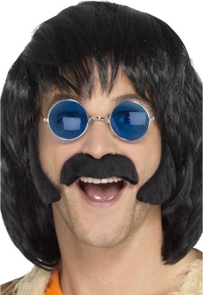 SMIFFYS - Zwarte hippie set met snor en bakkebaarden voor mannen - Accessoires > Supporter Kit